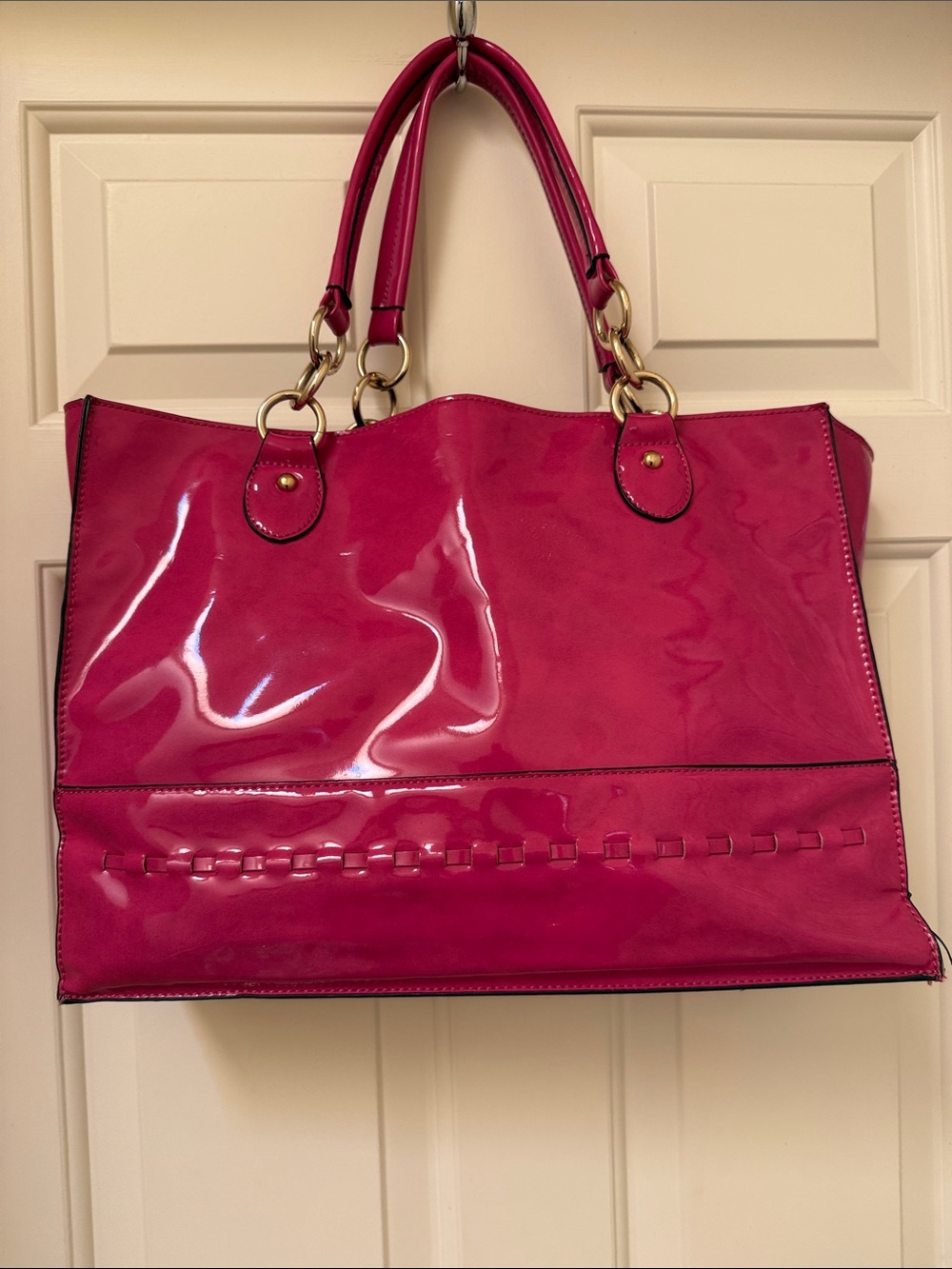 Stylish Patent Tote Bag in Fuchsia Pink - Women Bags